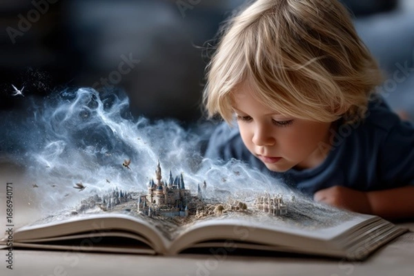 Fototapeta Child explores magical castle world emerging from open storybook at home on a quiet afternoon