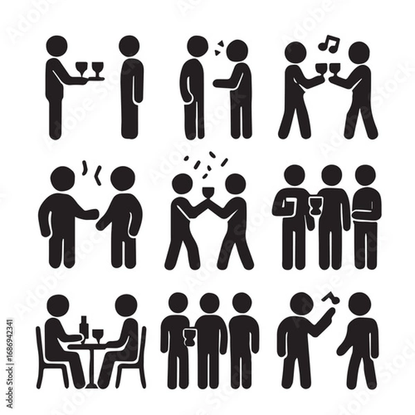 Fototapeta A collection of stick figure people enjoying drinks isolated on white background