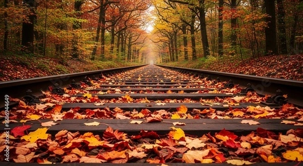 Fototapeta 【人生という旅路】紅葉の森をまっすぐに貫く線路のノスタルジックな風景
