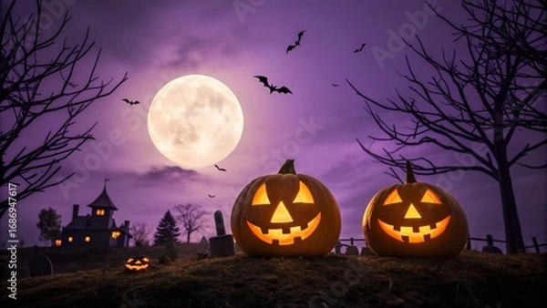 Fototapeta Spooky halloween night scene with glowing jack o lanterns a haunted castle and bats flying under a full moon