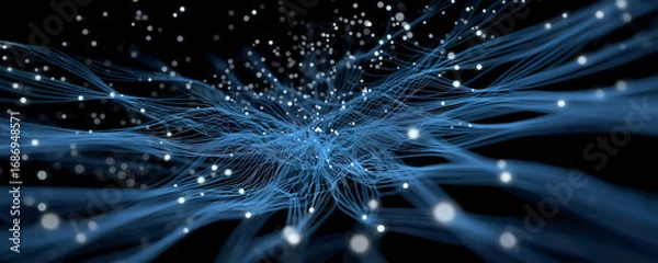 Fototapeta Abstract glowing blue network of connected lines and nodes on a dark background, futuristic neural web design ideal for technology, AI, or data concepts.