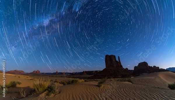 Obraz Star trails over desert landscape