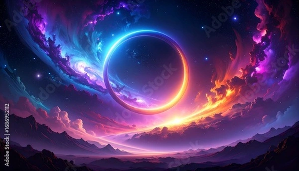 Fototapeta Colorful celestial ring over a landscape of mountains and clouds