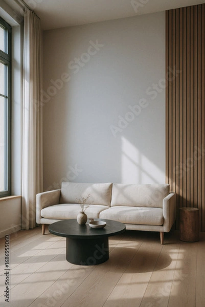 Fototapeta Minimalist living room with beige sofa, black round coffee table, and wooden accents