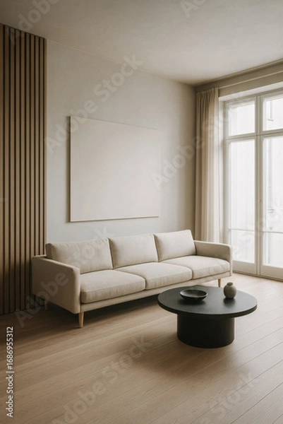 Fototapeta wall mockup Minimalist living room with beige sofa, round black coffee table, and natural sunlight through tall windows