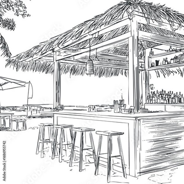Fototapeta Hand drawn sketch of a tropical beach bar with wooden stools and a thatched roof, perfect for vacation relaxation.