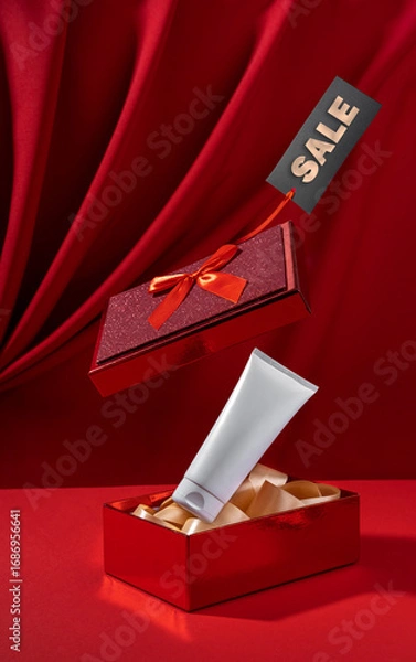 Fototapeta White bottle cosmetic product in red giftbox levitate on red background. mock up design for advertising, seasonal discounts.