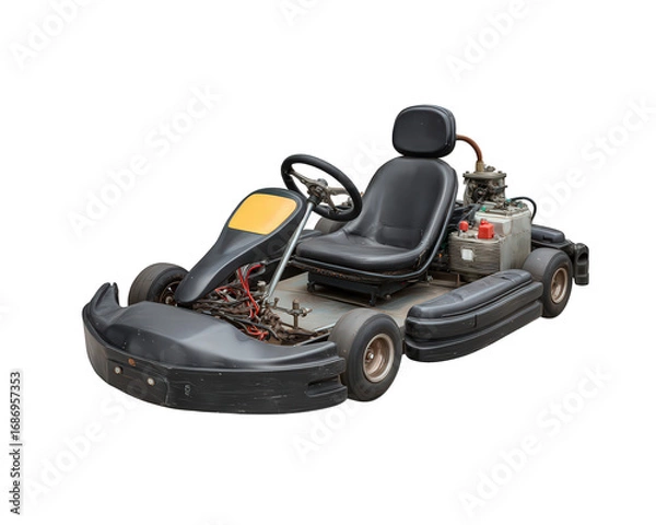 Fototapeta Black go kart racing vehicle with modern design, photorealistic style, exposed engine, and low profile tires, isolated on transparency background, evoking excitement and speed