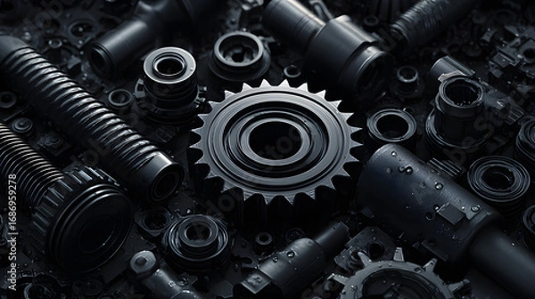 Fototapeta dark industrial 3D render:vehicle parts pattern withcar gears and pipes