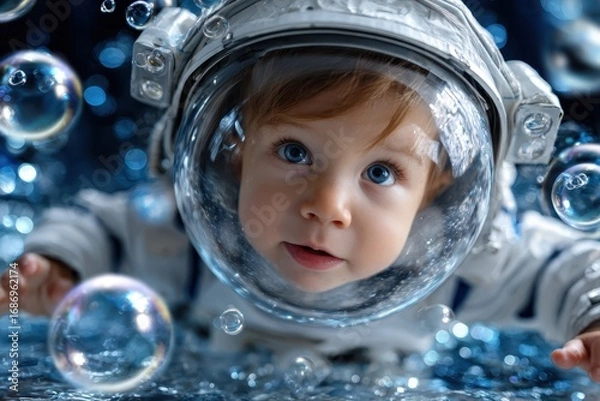 Fototapeta Cute toddler exploring a mesmerizing underwater world as a mini astronaut surrounded by bubbles