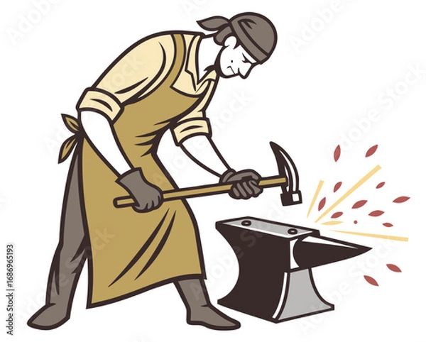 Fototapeta vector of a blacksmith hammering hot metal on anvil, sparks flying, wearing apron and gloves, white background
