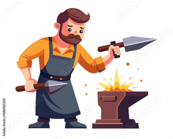 Fototapeta vector of a blacksmith hammering hot metal on anvil, sparks flying, wearing apron and gloves, white background
