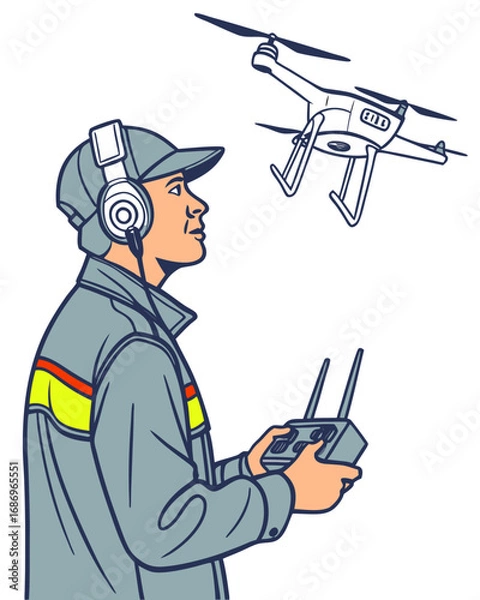 Fototapeta vector of a professional drone pilot operating drone via remote control, drone flying overhead, white background
