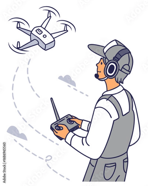 Fototapeta vector of a professional drone pilot operating drone via remote control, drone flying overhead, white background
