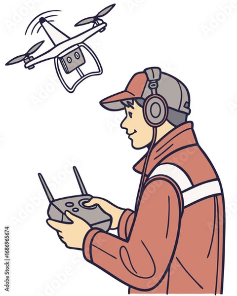 Fototapeta vector of a professional drone pilot operating drone via remote control, drone flying overhead, white background
