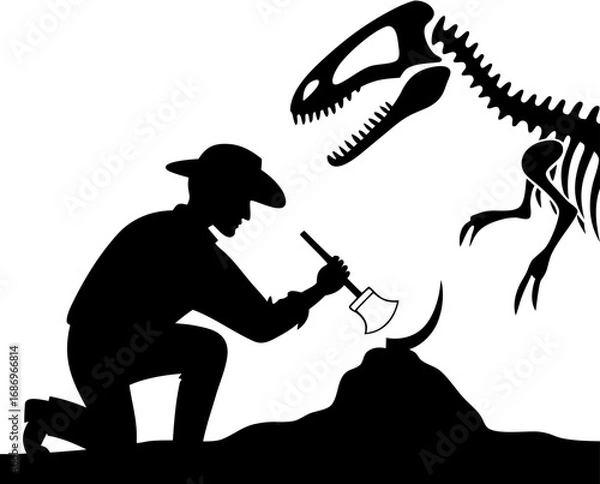 Fototapeta vector of a paleontologist brushing off dinosaur bones in excavation site, wearing hat, white background
