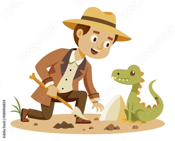 Fototapeta vector of a paleontologist brushing off dinosaur bones in excavation site, wearing hat, white background
