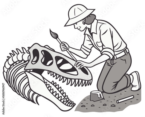 Fototapeta vector of a paleontologist brushing off dinosaur bones in excavation site, wearing hat, white background
