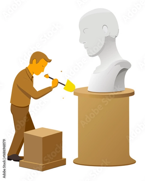 Fototapeta vector of a sculptor chiseling a stone bust on pedestal, dust flying, isolated on white background

