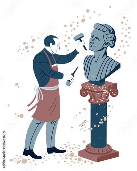 Fototapeta vector of a sculptor chiseling a stone bust on pedestal, dust flying, isolated on white background
