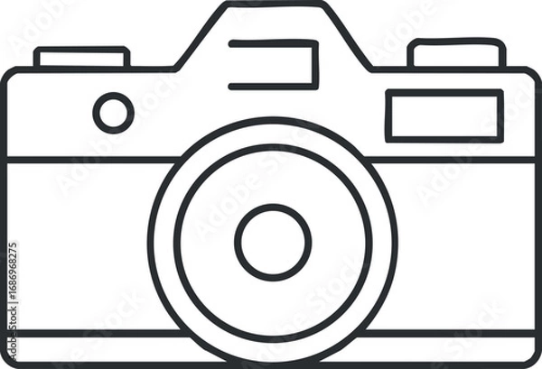 Fototapeta Black and white line art icon of a camera with a lens for photography and digital imaging