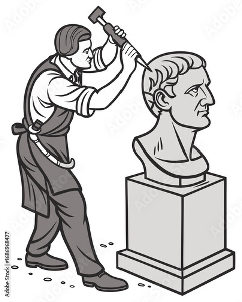Fototapeta vector of a sculptor chiseling a stone bust on pedestal, dust flying, isolated on white background
