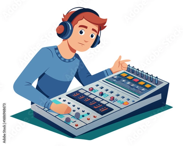 Fototapeta vector of a sound technician adjusting audio levels at a large soundboard, headphones on, white background
