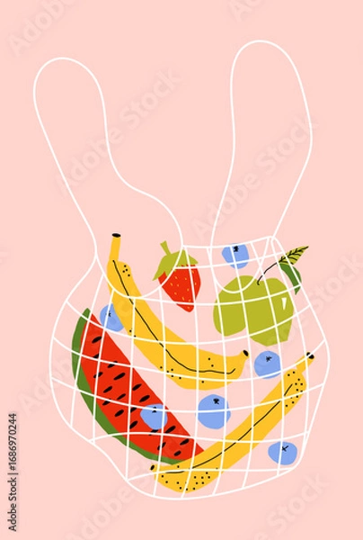 Fototapeta Eco friendly reusable net shopping bag with organic fruits and berries, flat vector collage in pastel tones for sustainable market concept