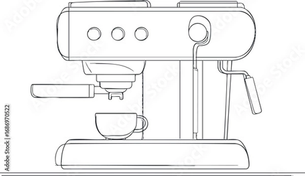 Fototapeta Black and white line drawing of an espresso machine with a cup ready for brewing coffee in a kitchen or cafe setting.