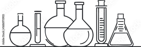 Fototapeta Black and white outline illustration of various laboratory glassware including flasks and test tubes for scientific experiments