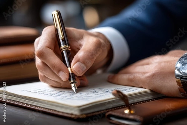 Fototapeta Writing a thoughtful note in a stylish notebook during a professional meeting