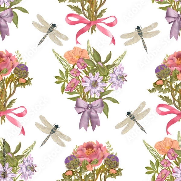 Fototapeta Seamless delicate watercolor botanical pattern with pink poppies, passion fruit flowers, purple bows, dragonflies on white background. Hand drawn pattern.