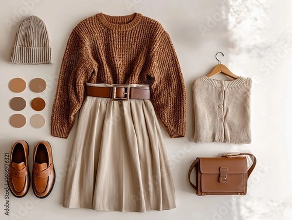 Obraz Autumn wardrobe layout featuring a knitted sweater, pleated skirt, boots, loafers, and accessories in earth tones. Perfect for showcasing seasonal fashion and style coordination.