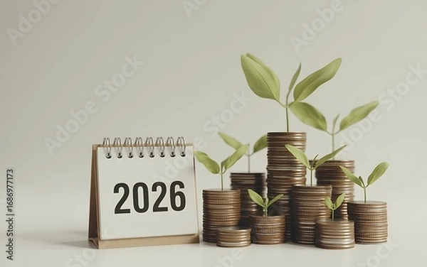 Fototapeta Concept of financial planning for the future in 2026. Stacks of coins with growing saplings symbolize investment, savings, and wealth accumulation