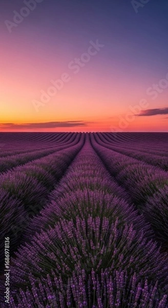 Obraz Serene Lavender Sunset: Rows of Purple Blossoms at Golden Hour
