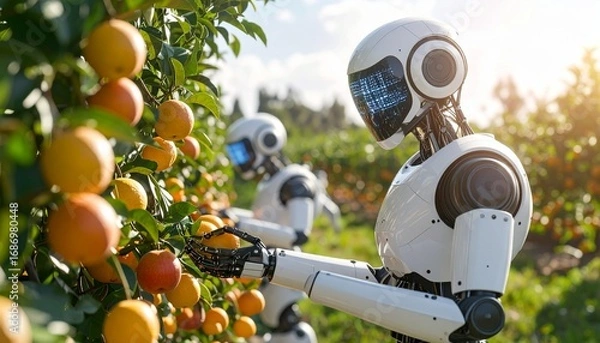 Fototapeta Robôs humanoides colhendo frutas em pomar com inteligência artificial
