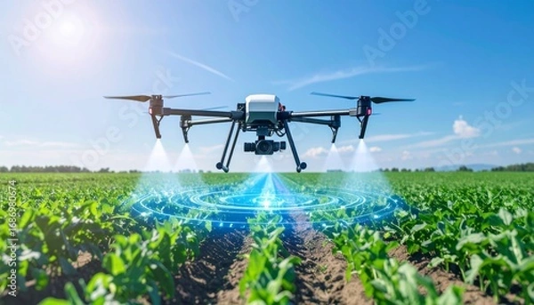 Fototapeta Drone agrícola com inteligência artificial pulverizando lavoura verde sob céu azul