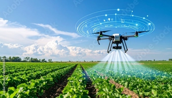 Fototapeta Drone agrícola com inteligência artificial pulverizando lavoura verde sob céu azul