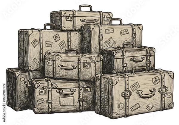Obraz Vintage Illustration of Stacked Luggage Suitcases for Travel Journey on Isolated Background