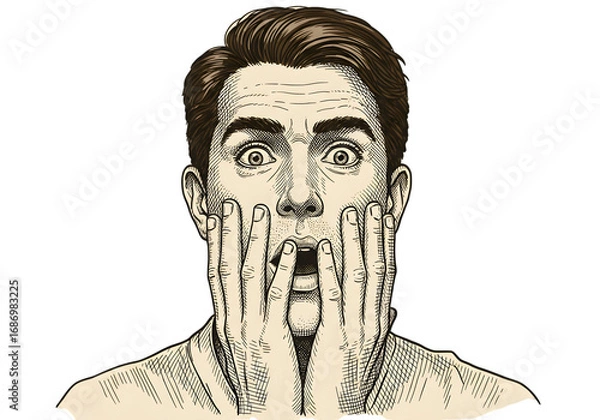 Obraz Vintage Illustration Of Surprised Man Covering Face With Hands