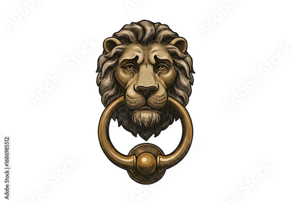 Fototapeta Vintage Lion Head Door Knocker Illustration On Isolated Black Background