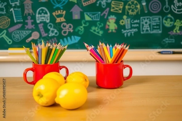Fototapeta Colorful chalkboard background with doodles, apples, and books symbolizing education. Lively design captures teacher appreciation, learning, joy, school supplies, creativity, and inspiration.
