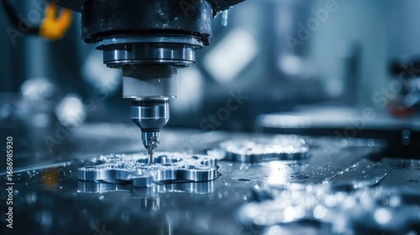 Obraz Medium shot of an automated robotic arm swiftly cutting metal components with high precision background blurred to highlight focused machining details.