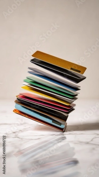 Fototapeta Vibrant stack of plastic credit and debit cards stands on a marble surface with a soft reflection, symbolizing banking, spending and debt. Great for finance blogs, payment guides, ads and editorials.