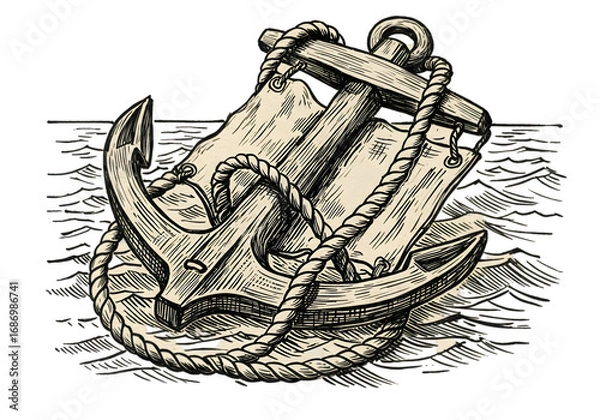Fototapeta Vintage Nautical Illustration of Anchor with Rope and Waves on Transparent Background
