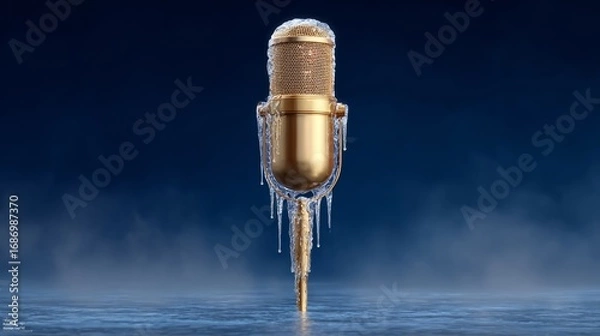 Fototapeta Microphone with ice on it is shown on a blue background. The microphone is frozen and he is in a foggy atmosphere