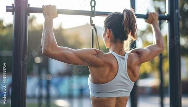 Obraz Woman doing pull ups outdoor workout