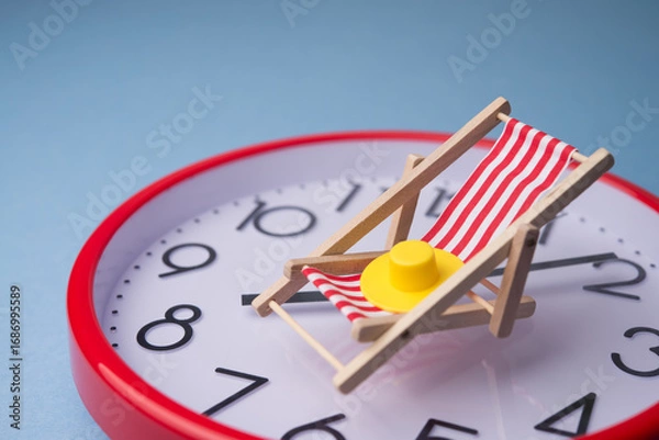 Obraz Red beach chair and hat on red clock with blue background. Annual leave travel period for relaxation, time to travel concept. Period of paid time off (PTO) granted to employees by their employer.
