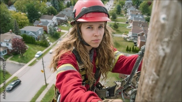 Obraz Female Electrician Climbing Utility Pole for Maintenance Work