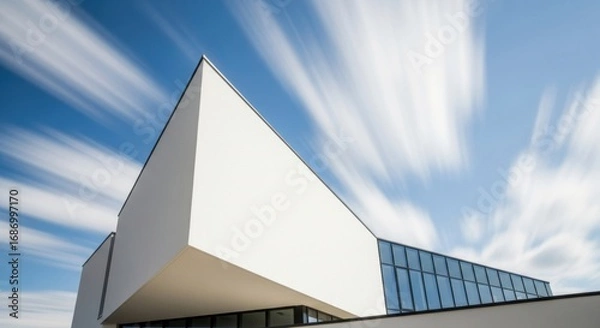 Fototapeta Modern angular building against dynamic sky with moving clouds